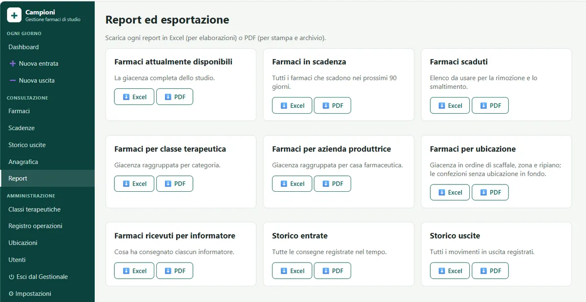 Gestionale campioni farmaci — schermata report ed esportazione